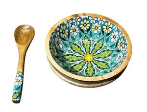 ชามไม้โมเสกลายดอกเดซี่ชามสลัดไม้มะม่วงตกแต่งด้วยมือพร้อมเครื่องใช้ในการรับประทานอาหารไม้ - Product Image 2