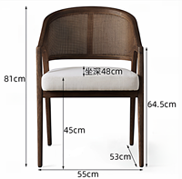 Fauteuil de salle à manger en bois massif de style Mid-Century avec dossier en rotin tressé et coussin en cuir véritable, mobilier de salle à manger pour villa et maison d'hôtes