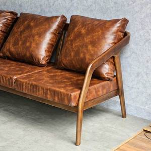 Three-Seat Midcentury Modern Upholstered Square <b>Sofa</b> Set with Ash <b>Wood</b> <b>Frame</b> and Faux Leather Cushions SFB68067 - Product Image 5