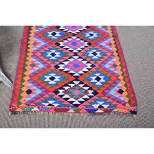 Vintage Turkish Rug, <b>Runner</b> 2.8x10.2 ft (84x310 cm) Rug, <b>Red</b> Check Wool Rug - Product Image 5