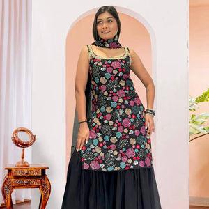 Sharara indien broderie travail femmes réversible cousu Georgette hiver Diwali traditionnel ethnique 3 pièces ensemble prêt à l'emploi - Product Image 1