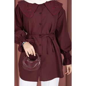 Tunique en popeline bordeaux pour femmes, chic, col brodé à volants et taille à cordon, tailles XS-XL, pour les fêtes - Product Image 5