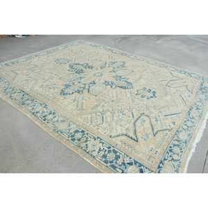Alfombra Turca Extra Grande de 8.9x10.9 pies, Alfombra de Lana a Rayas Vintage Azul y Blanca - Product Image 4
