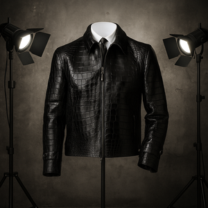 100% véritable peau de vache hommes Style Vintage veste en cuir nouveau élégant pour peau de Crocodile en relief fermeture éclair automne saison toile manteau - Product Image 2