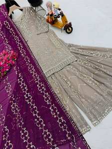 Traje de Palazzo indio paquistaní con bordado pesado de último diseñador con seda de imitación Georgette Dupatta de FabZone para fiestas - Product Image 2