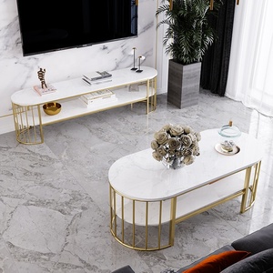 Contemporary Two-Tiered Sofa Table with Stone Top and Bronze <b>Frame</b> Living Room Furniture-TT68187 - Product Image 4