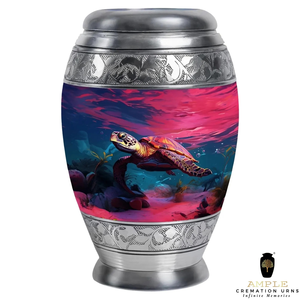 Urne funéraire en aluminium fabriquée à la main Finition enduite Meena en grandes tailles et souvenirs Urnes funéraires au design gravé tortue - Product Image 3