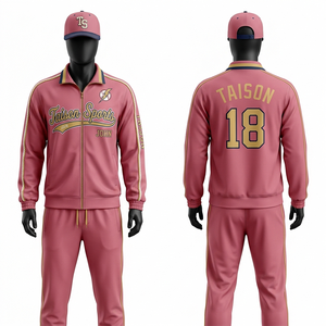 Premium 300 GSM Interlock Polyester Men Baseball Training Suit <b>Pink</b> Gold Contrast Panel <b>Tracksuit</b> Heat Transfer Logo - Product Image 1