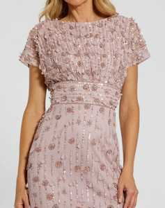 Robe de soirée maxi à col bateau, droite, courte, brodée de perles, à manches courtes, taille naturelle, en crêpe, style de fête, décoration de perles - Product Image 1