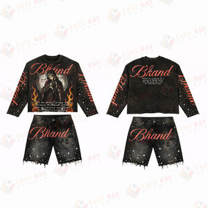 Trendy <b>Men</b> Black Graphic Long Sleeve T Shirt <b>and</b> Denim <b>Shorts</b> <b>Set</b> Vintage Streetwear Cropped <b>Top</b> <b>and</b> Distressed Jorts Outfit - Product Image 2