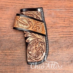 Étui à couteau en cuir taillé à la main avec boucle de ceinture en cuir de vachette sculpté en cuir véritable pochette pour couteau pliant - Product Image 1