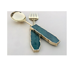 Top qualité salade serveur cuillère artisanat fait à la main résine fourchette cuillère miroir acier maison hôtel Table dessus nourriture couverts ensemble - Product Image 4