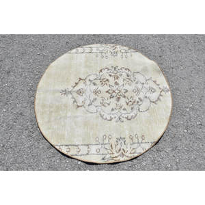 Tapis en Laine Turque Beige Marron Vintage de 3.3X3.4 pieds Fait à la Main Classique Patchwork Design Salle à Manger Pile Moyenne Latex Écologique - Product Image 4