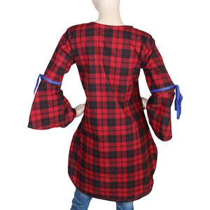Kurti à carreaux brodés pour femmes - Rouge - Product Image 3