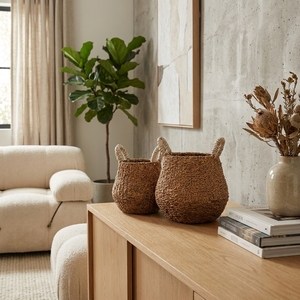 Natural Hand Woven Seagrass <b>Storage</b> <b>Basket</b> Set <b>White</b> Wrapped Handle Belly Round Pot Planter Setup Decor Pure Art Room Design - Product Image 5
