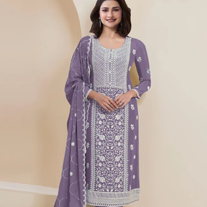 Lourd Brodé Faux Georgette Pakistanais Costume Diamant Décor Motif Floral Fil Visqueux Lavable En Mousseline De Soie Maxi pour Tous - Product Image 1