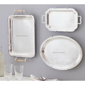 Bandeja rectangular de metal plateado para servir comida para el hogar y la boda, bandeja para servir aperitivos y bebidas de mesa con asa - Product Image 5