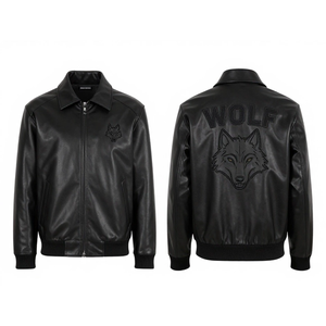 Chaqueta Bomber de Lona y Cuero Genuino Negra Personalizada para Hombre, con Parche Bordado de Lobo, Estilo Urbano Ecológico, Casual, Resistente al Viento, para Invierno - Product Image 1