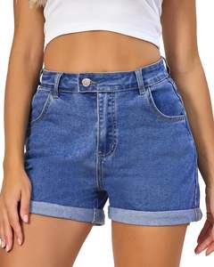 Short en jean femmes été extensible taille haute pli ourlet Jean Shorts 3 pouces entrejambe ourlet à revers et classique 5 poches courtes - Product Image 1