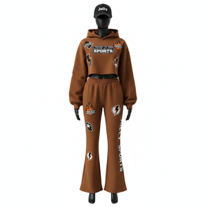 Survêtement d'hiver pour femmes de qualité supérieure en molleton de coton et polyester 320 gsm, sweat-shirt à capuche marron, jogging, logo imprimé en relief, survêtements grande taille - Product Image 1