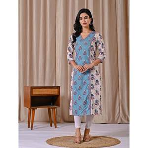 Grey Blue Block Printed Cotton Straight Fit Kurti Casual Style with Natural Waistline Breathable Feature - Product Image 4