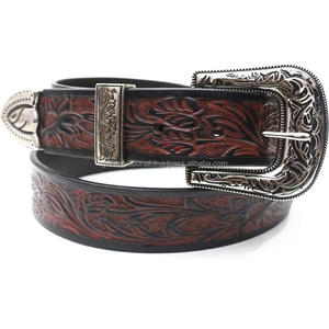Holesale Supply-cinturón occidental de cuero genuino para hombre y mujer, accesorio de mano con hebilla floral chapada en níquel extraíble de 3 piezas - Product Image 4