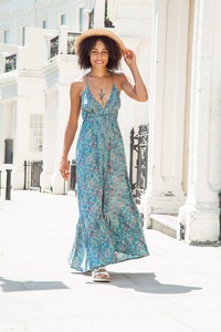 Boho Summer Maxi <b>Dress</b> with Adjustable Straps Frilled V Neckline 100% <b>Silk</b> A-Line Silhouette Vintage Green Brown Blue Print - Product Image 4