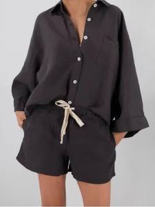 Nouveau élégant surdimensionné décontracté Shorts chemise de haute qualité col rabattu femmes ensembles 100% coton en gros 2 pièces ensemble femmes - Product Image 3