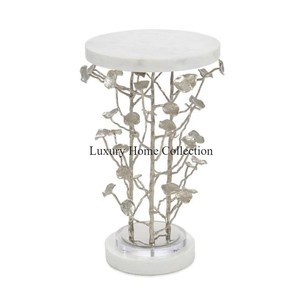 Feuille et Design Floral Table d'appoint faite à la main Table à boire Design fantaisie Look attrayant Forme ronde Marbre Table basse blanche - Product Image 1