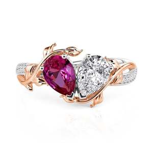 แหวนคู่แต่งงาน Jeulia Custom Two Birthstone Bypass ประดับเพชร สแตนเลสสตีล ดีไซน์ลายดอกไม้เก๋ไก๋ทันสมัย - Product Image 1