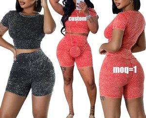 Logo personnalisé OEM Vêtements pour femmes Survêtement en coton délavé à l'acide Ensembles pour femmes côtelés Tenues assorties Ensemble de Short2-Piece - Product Image 4