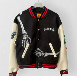 Chaqueta Varsity Godspeed con Cuello Alto y Bordado de Esqueleto, Mangas de Cuero, Estilo Punk Urbano, Chaqueta Letterman para Hombre - Product Image 1