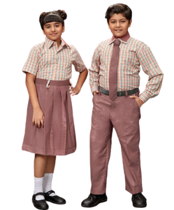 ชุดนักเรียนสีน้ำตาลสำหรับเด็กชายและเด็กหญิงขายส่ง ประกอบด้วยเสื้อเชิ้ตลายตาราง กางเกงเรียบ และกระโปรง - Product Image 6