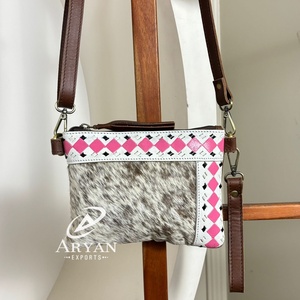 Sac à bandoulière portable pour femme, style simple, en cuir véritable de vache, à motif à carreaux, avec fermeture éclair, petit sac à main, vente en gros - Product Image 1