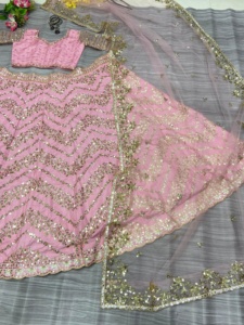 Elegant Wedding Silk Lahenga with Heavy <b>Sequins</b> and Hand-Drawn Traditional Choli for Parties - Product Image 4