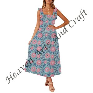 Ropa de playa Boho Chic Estampado floral Vestido de tirantes finos Campana Sin mangas Algodón Estilo playero Vestido de espagueti para la moda de verano - Product Image 4
