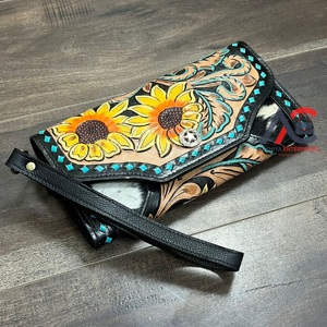 Cartera de Mano de Cuero Genuino con Diseño de Girasol, Estilo Occidental, de Lujo, con Múltiples Ranuras para Tarjetas, Protección RFID, Correa Larga para la Muñeca, para Mujer - Product Image 1
