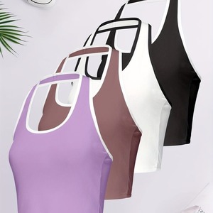 Paquete de 4 camisetas sin mangas de Color sólido con estampado de logotipo personalizado para mujer, talla XS, cuello Halter, chaleco informal para gimnasio, Yoga, tela tejida con ribete en contraste - Product Image 2