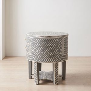 Mesa de Noche Redonda Hecha a Mano con Incrustaciones de Hueso Gris, con 2 Cajones, Mueble de Dormitorio de Lujo, Decoración para el Hogar - Product Image 4
