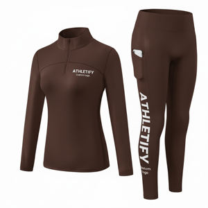 Ensemble de vêtements de sport pour femmes en 2 pièces, fermeture éclair sur le devant, manches longues et leggings taille haute avec poche pour téléphone pour le yoga, la salle de sport, la course à pied. - Product Image 1