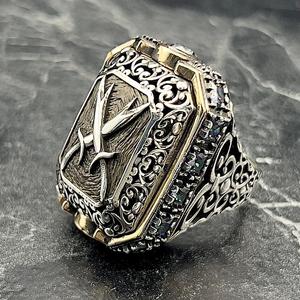 Large <b>Silver</b> Zulfiqar Sword <b>Ring</b> Handmade Double Sword Signet <b>Mens</b> <b>Ring</b> with Vintage Jewelry G GRS Certified - Product Image 3