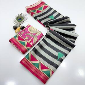 Sari de Seda Suave VASTRA COTTAGE con Estampados a Rayas, Borde Tejido con Zari, Estampados Kalamkari en el Pallu y Blusa en Contraste - Product Image 3