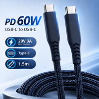 Cable de Carga Rápida PD60W 3A Tipo-C a Tipo-C de 1.5m, Negro, de Nailon, con Conectores de Cobre Estañado, para Teléfono Móvil, Computadora y Tableta, 20V 3A, 1 Pieza