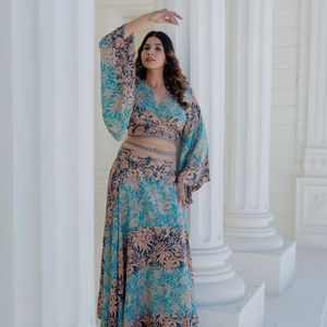 Celadon Abstract Print Twin Set Bubble Sleeve Crossover Top Midi <b>Skirt</b> <b>Boho</b> Tropical Holiday Matching Two Piece Washable Kit - Product Image 1