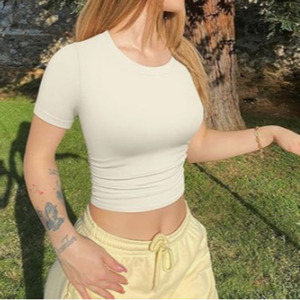 Top donna extratese Cross-border Spice All-match a maniche corte girocollo plissettato elasticizzato in maglia corta Slim-fit - Product Image 2