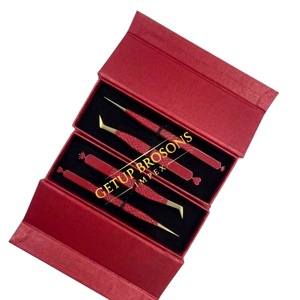 Nouvelles pinces à extensions de cils russes à volume, revêtement en poudre rouge, pointe dorée longue et droite, différents motifs de découpe, outils de beauté - Product Image 3