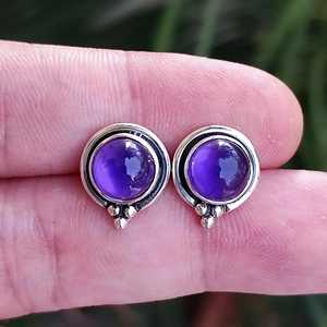 925 Sterling Silver Amethyst Stud <b>Earrings</b> Handmade Ball-shaped <b>Posts</b> Natural Purple Gemstone Gold Jewelry February Birthstone - Product Image 5
