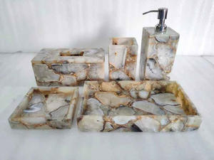 Ensemble d'accessoires de salle de bain de luxe écologiques en agate, 5 pièces, ensemble de salle de bain moderne, distributeur de savon, porte-mouchoirs et plateau, décoration de vanité - Product Image 4