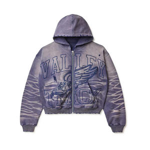 Sweat à capuche zippé pour homme 2027, poids lourd, délavé à l'acide, déchiré, streetwear, brodé, pièce de mode - Product Image 2