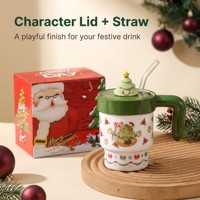 Mug en céramique de Noël avec couvercle à personnage et paille, motifs Père Noël, sapin et bonhomme de neige, dans un coffret cadeau